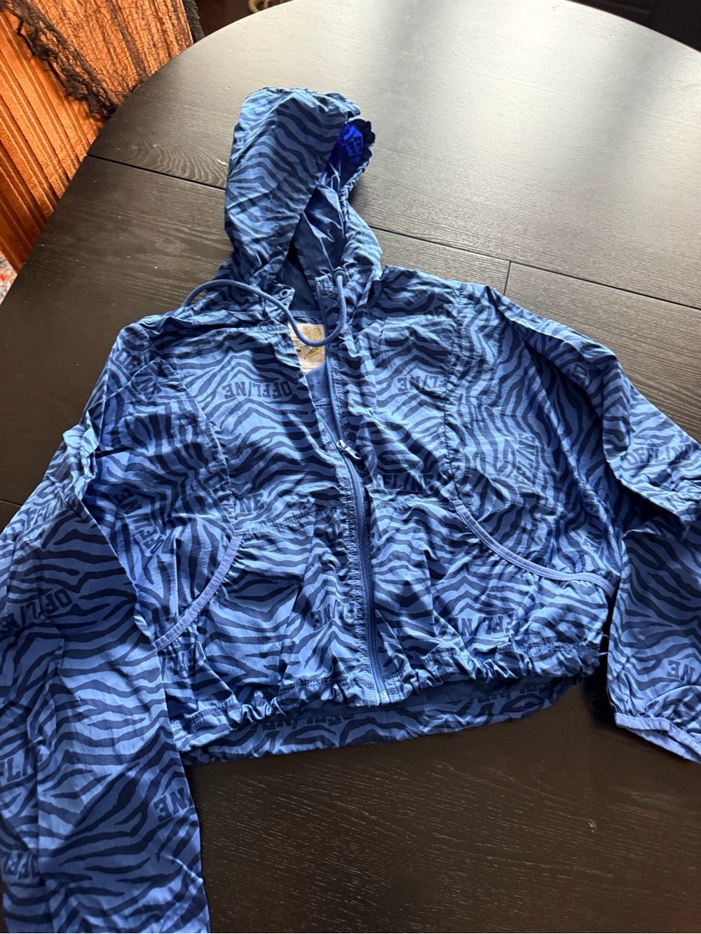 OFFLINE by Aerie Women's Blue Zebra Print Hooded Full Zip Windbreaker Jacket L